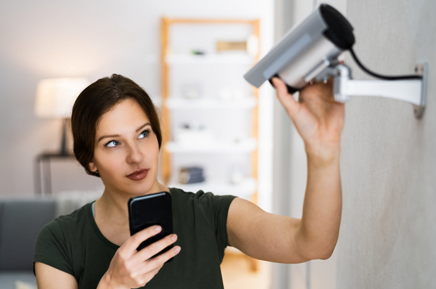 woman checking cctv security system