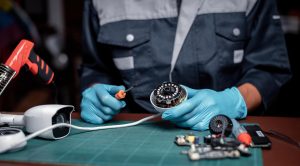 Technician under fixed and repairing cctv board